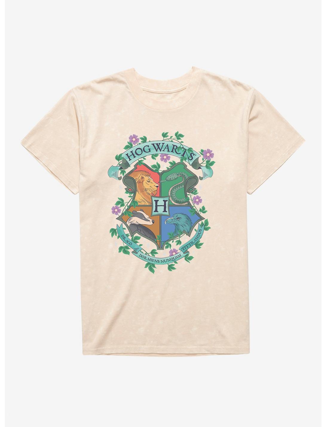 Harry Potter Hogwarts Crest Flowers Mineral Wash Unisex T-shirt