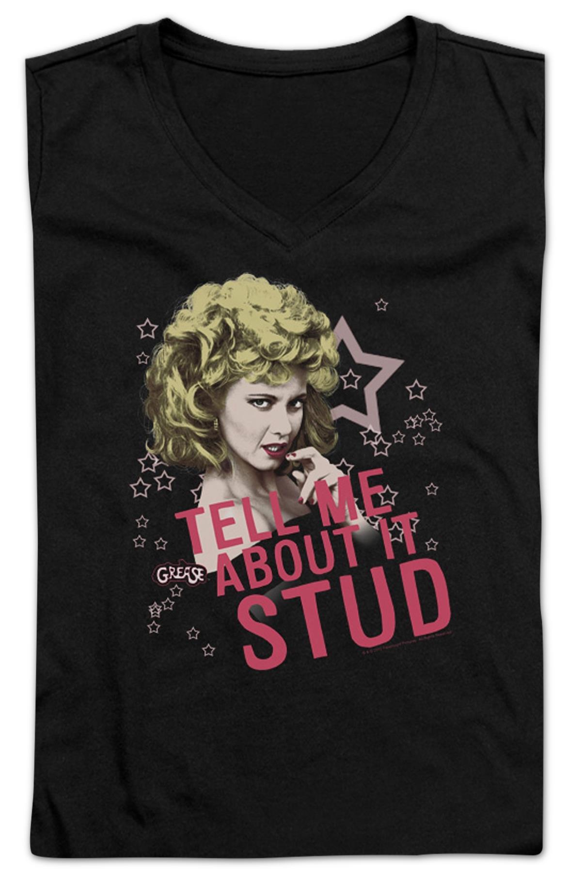 Ladies Tell Me About It Stud Grease V-neck Shirt